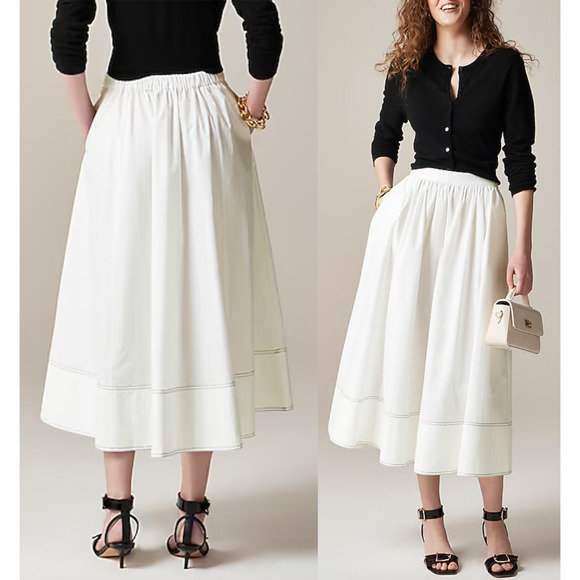 J.Crew | NWT Petite Contrast-stitch midi skirt in cotton poplin in White | Sz P0 - Picture 1 of 10
